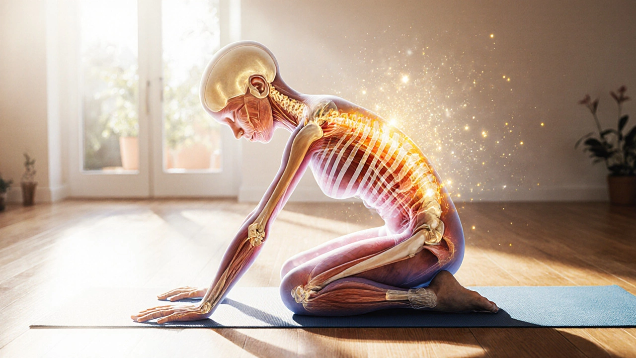 Transparent illustration showing massage effects on muscles and fascia beneath a person in child&#039;s pose.