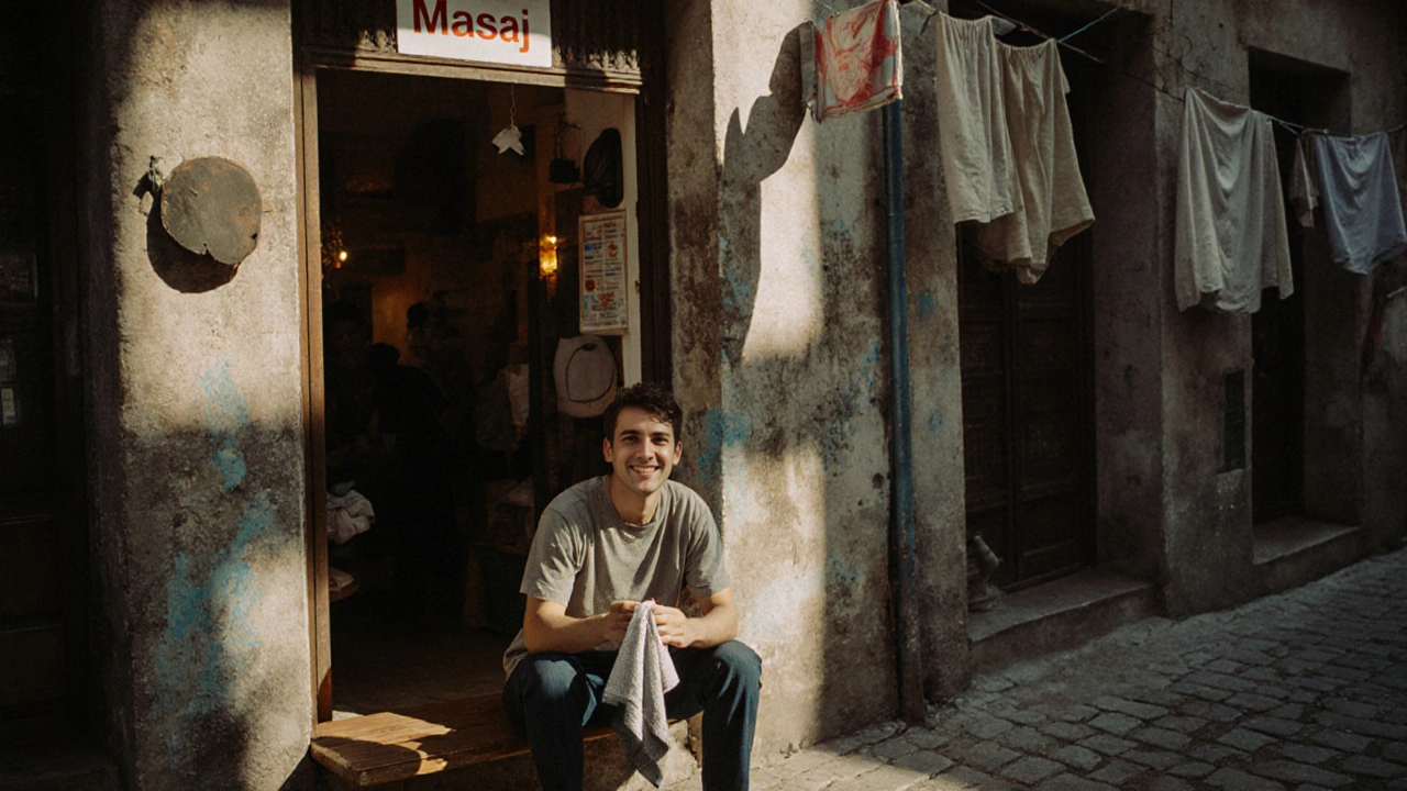Traveler entering a modest massage shop in Kadıköy with a &#039;Masaj&#039; sign, surrounded by authentic local street life.