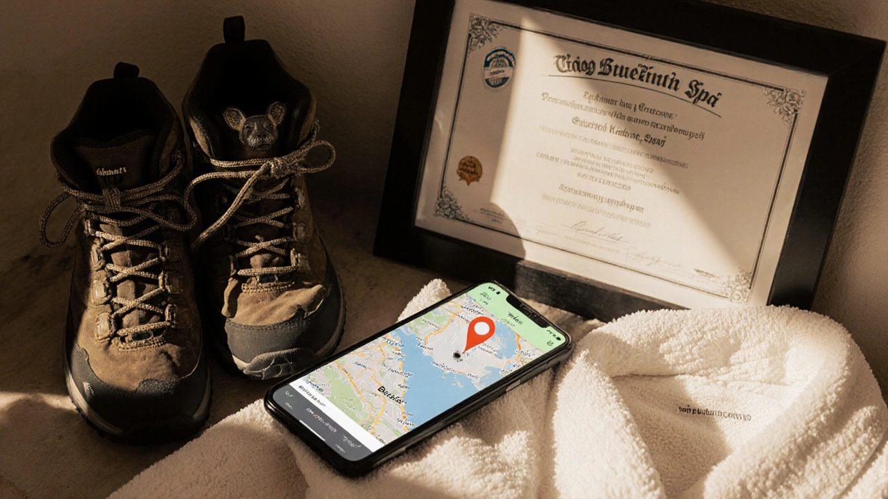 Traveler’s belongings beside spa robe and verified booking app, symbolizing rest after exploring Istanbul.