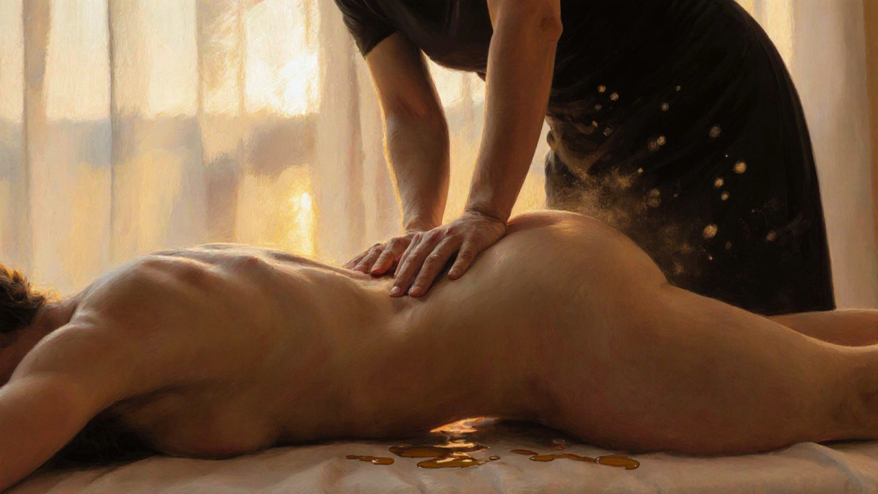 Two bodies aligned on a warm table, one therapist&#039;s hip gently pressing into the client&#039;s glutes during a therapeutic massage.