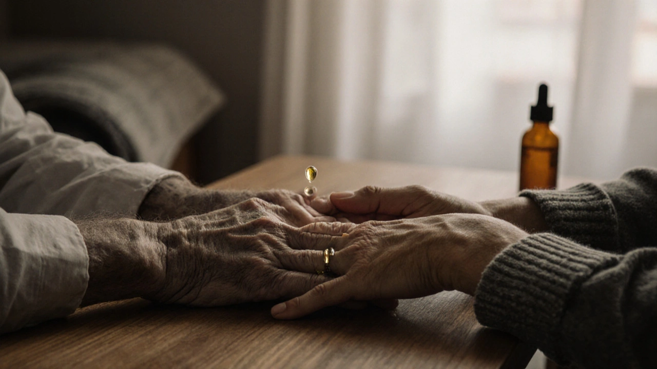 Two hands gently clasped on a wooden table, a drop of oil between them, symbolizing reconnection and trust in a peaceful setting.
