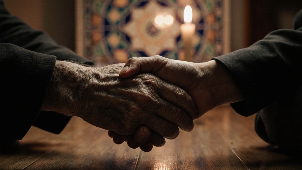 Two hands gently clasped together in silent connection, with a traditional mosaic and candlelight in the background.