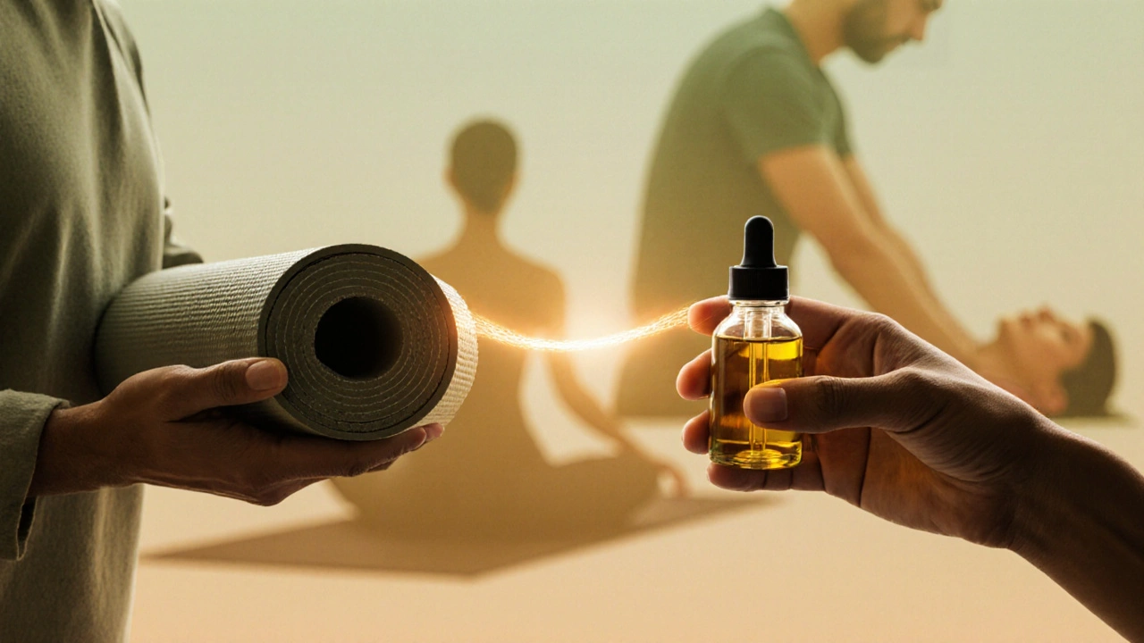 Two hands holding massage oil and a yoga mat, connected by a golden thread symbolizing wellness synergy.