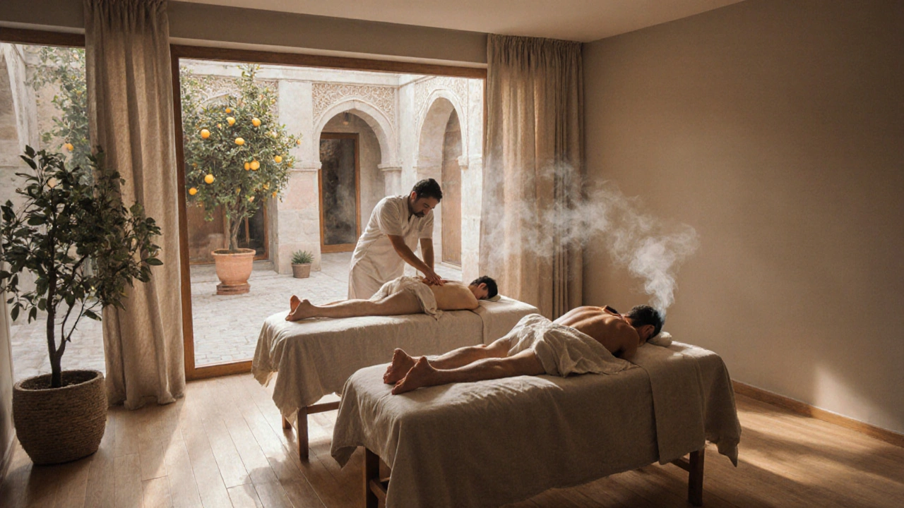 Two people enjoying a quiet couples massage in a minimalist spa, surrounded by natural light and calming greenery.