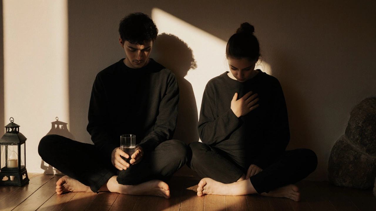 Two people sitting silently together after a massage, one holding water, the other resting hand on chest, bathed in calm ambient light.