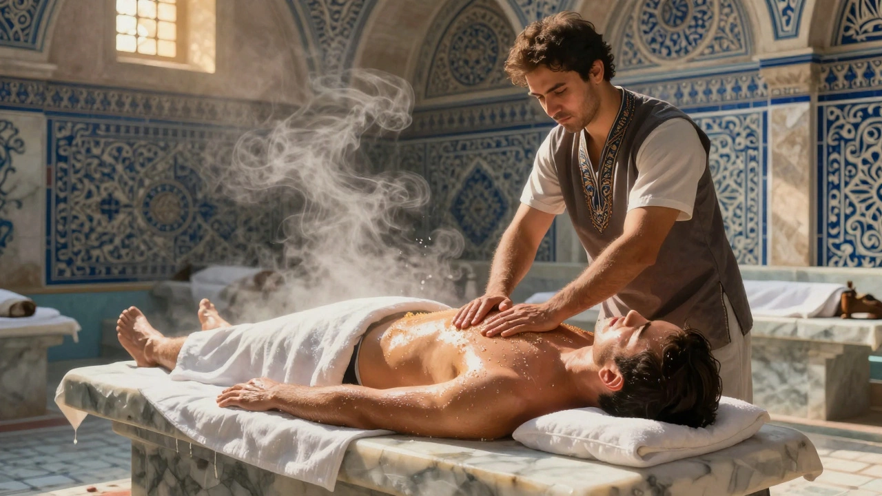 A client receives a rhythmic massage in a steamy Turkish hammam with marble walls and soft light.