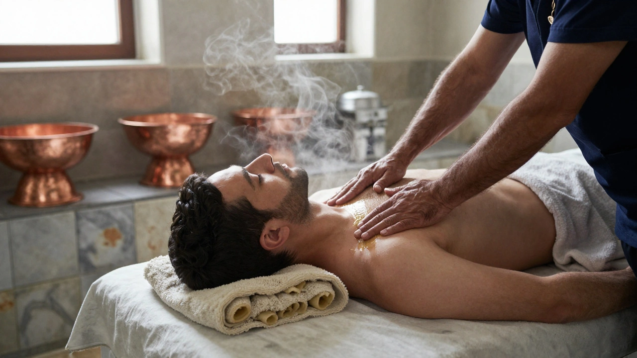 A client receiving a traditional Turkish hammam massage on a marble slab, surrounded by steam and aged tiles.