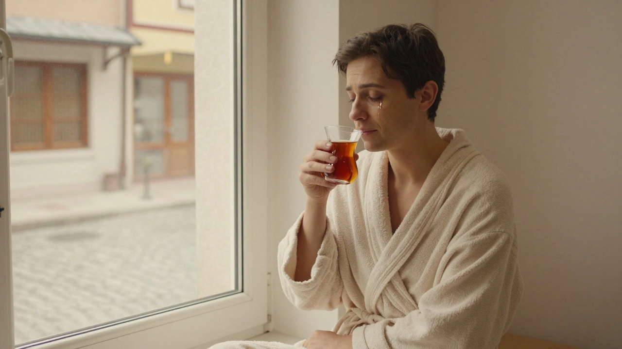 A client wrapped in a robe, drinking tea by a window after a healing massage, tears of peace on their face, Istanbul skyline visible outside.