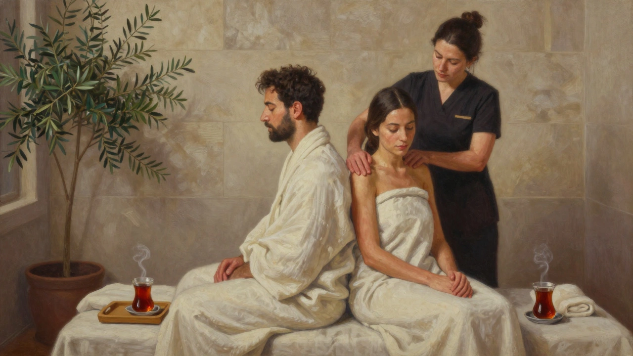 A couple relaxing side by side in a modern Istanbul spa, being massaged in peaceful privacy.