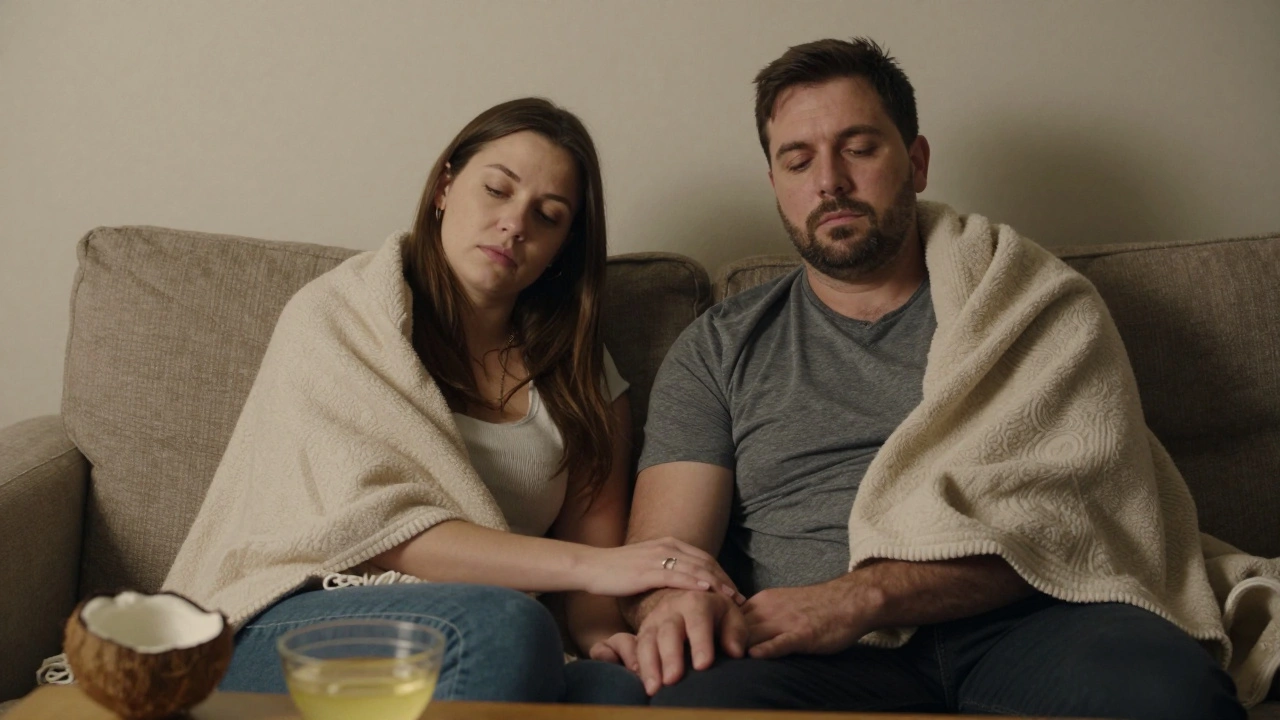 A couple sitting quietly together, holding hands in a softly lit living room.