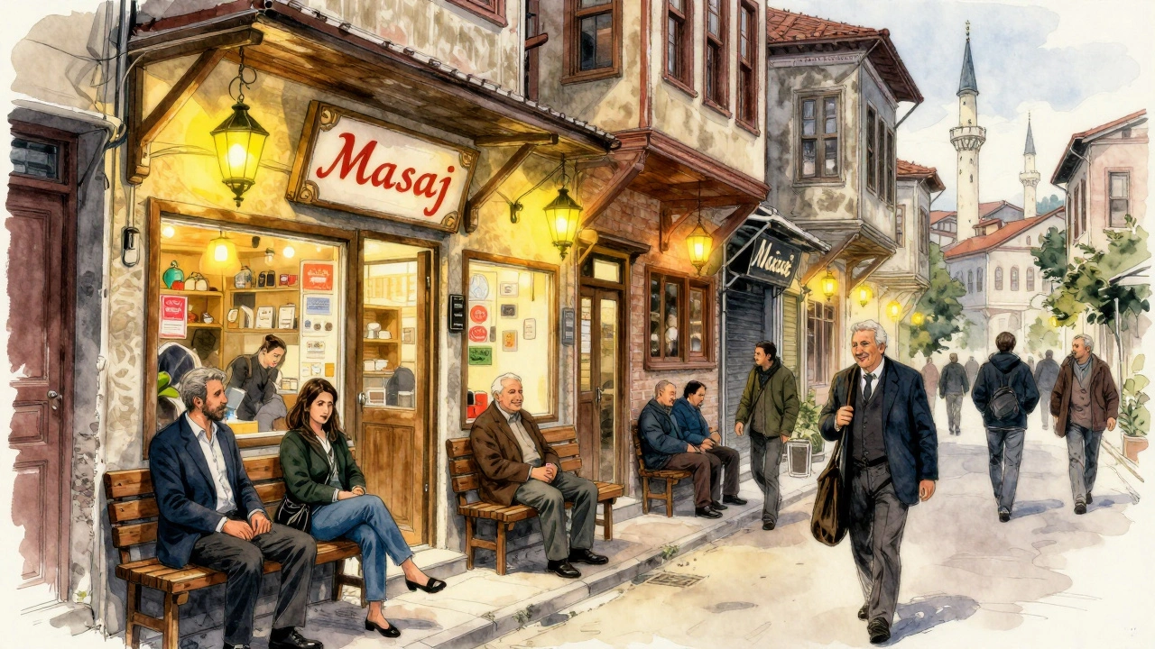 A cozy side street in Beyoğlu with a small &#039;Masaj&#039; shop and locals waiting outside at dusk under glowing lanterns.