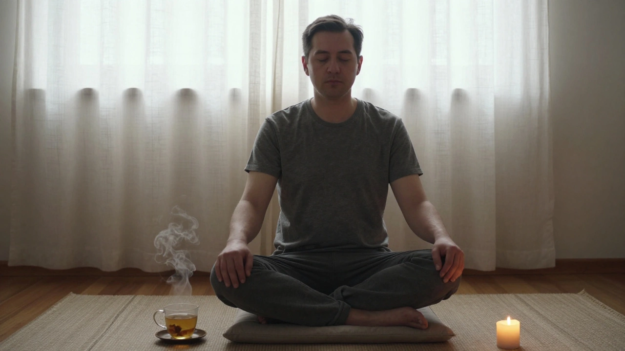 A man sitting peacefully after a session, hands on lap, sipping tea in soft morning light.
