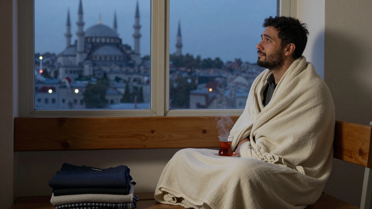 A man sitting wrapped in a blanket after a session, gazing out at Istanbul&#039;s twilight skyline in quiet peace.