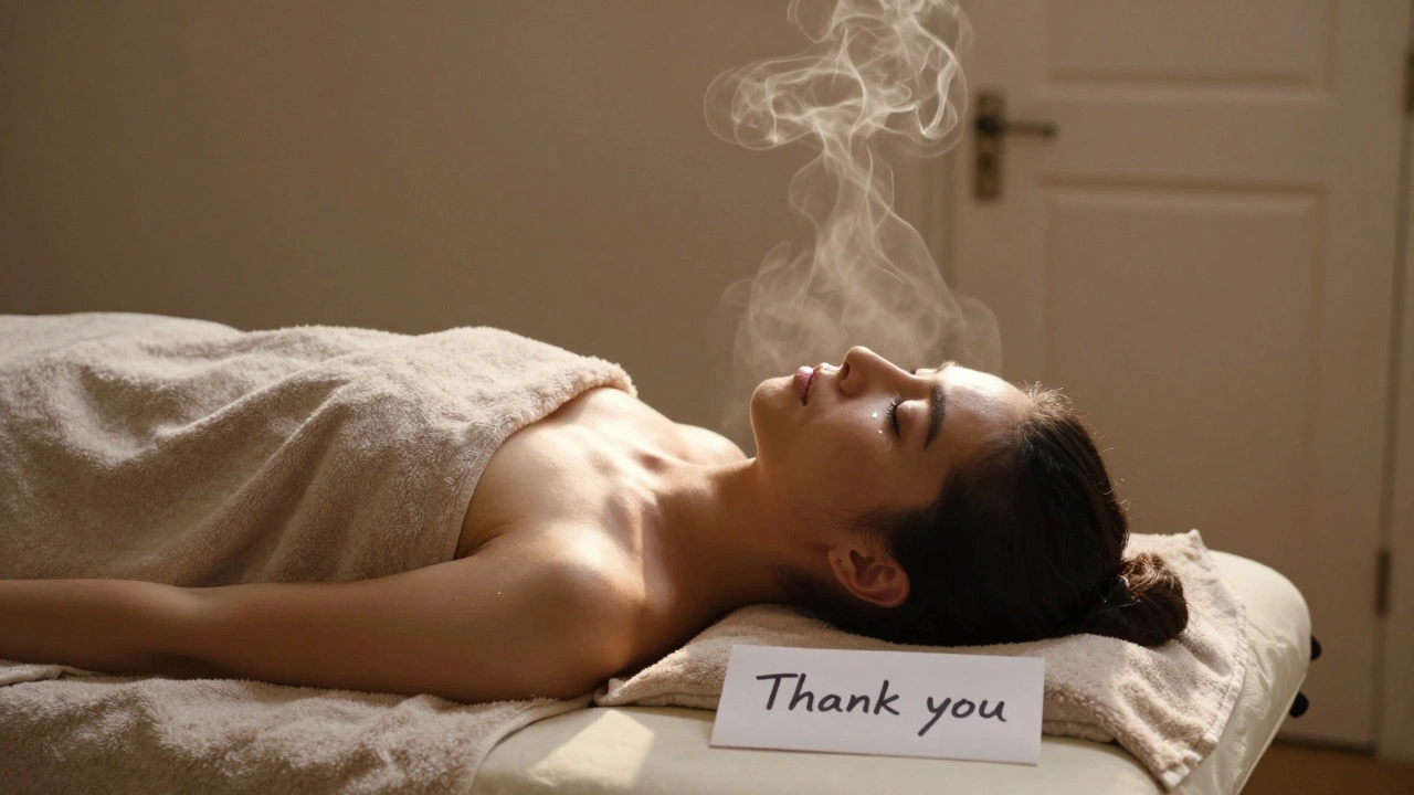 A person lying peacefully after a massage, eyes closed, with steam rising and a handwritten note on the table.