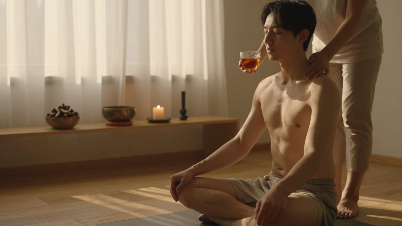 A person sitting quietly in a sunlit studio, holding a cup of tea, surrounded by calming natural elements like incense and wood.