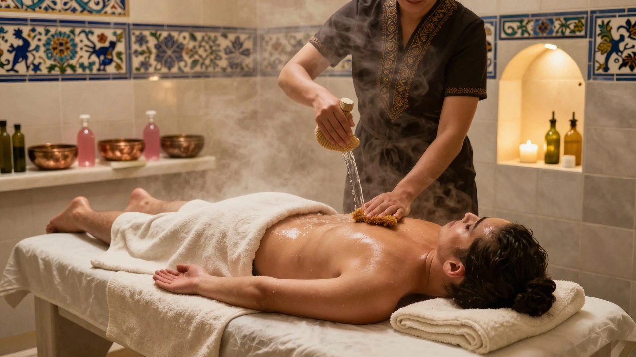 A private Turkish hamam ritual with steam, marble, and traditional tools in a serene tiled room.