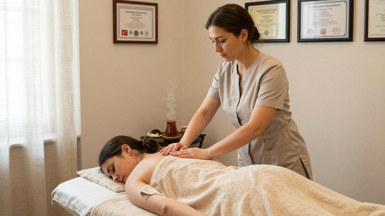A professional therapist gently adjusting a client during a private massage in a quiet studio.
