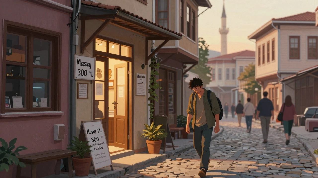 A quiet massage clinic with a handwritten sign in Kadıköy, golden light shining on a traveler entering.