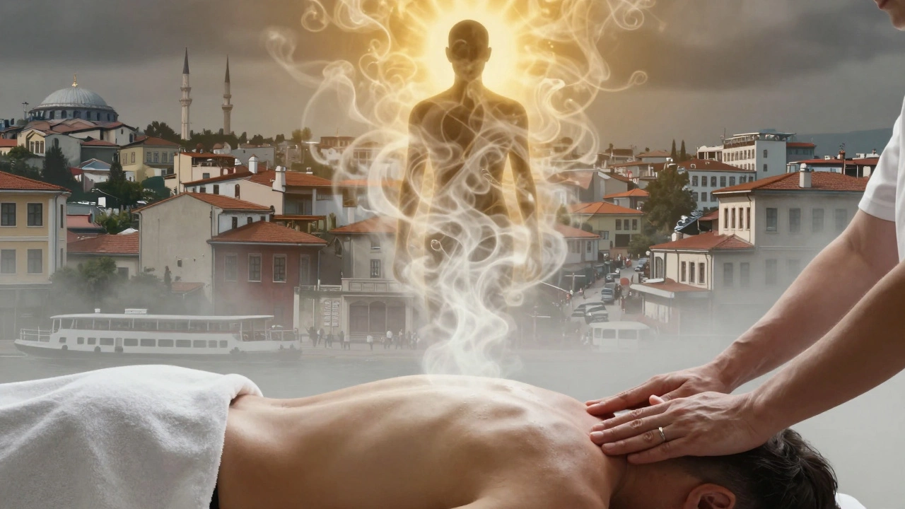 A silhouette dissolving into steam above Istanbul’s rooftops, symbolizing stress melting away.