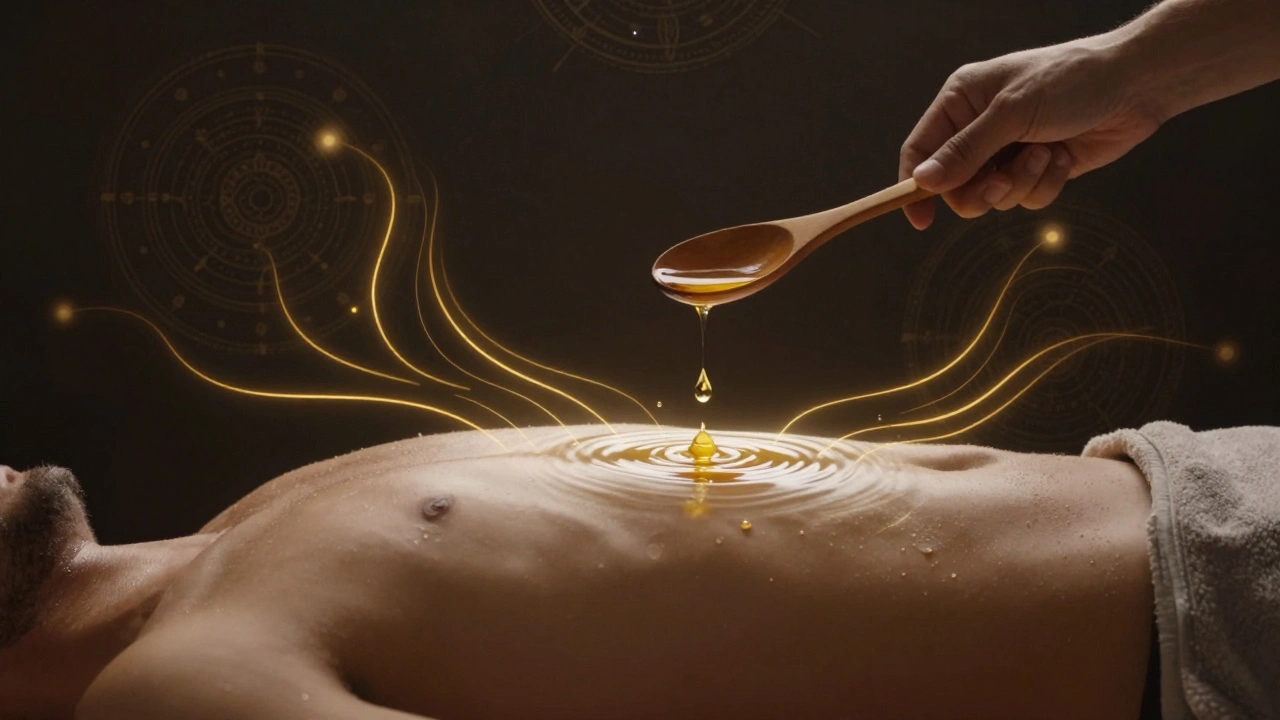 A single oil drop falling, creating golden energy ripples in a dark, sacred space.