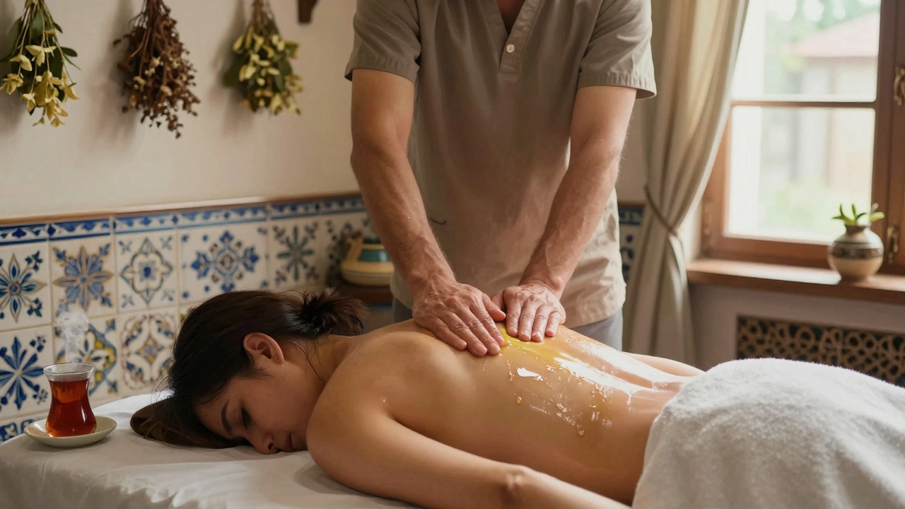 A skilled masseuse performs a deep Turkish massage in a quiet, traditional room with herbs and ceramic tea.