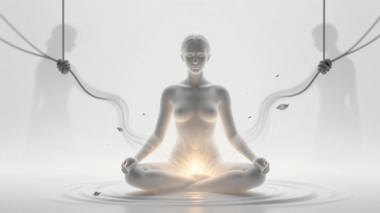 A symbolic figure radiating golden light as emotional tension dissolves into mist and petals, representing healing and release.