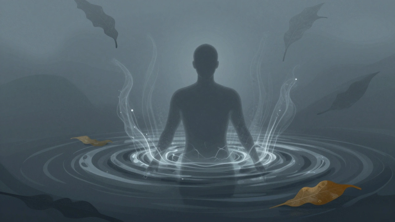 A symbolic illustration of a human form dissolving into calming waves of gel and light, representing deep relaxation and emotional release.