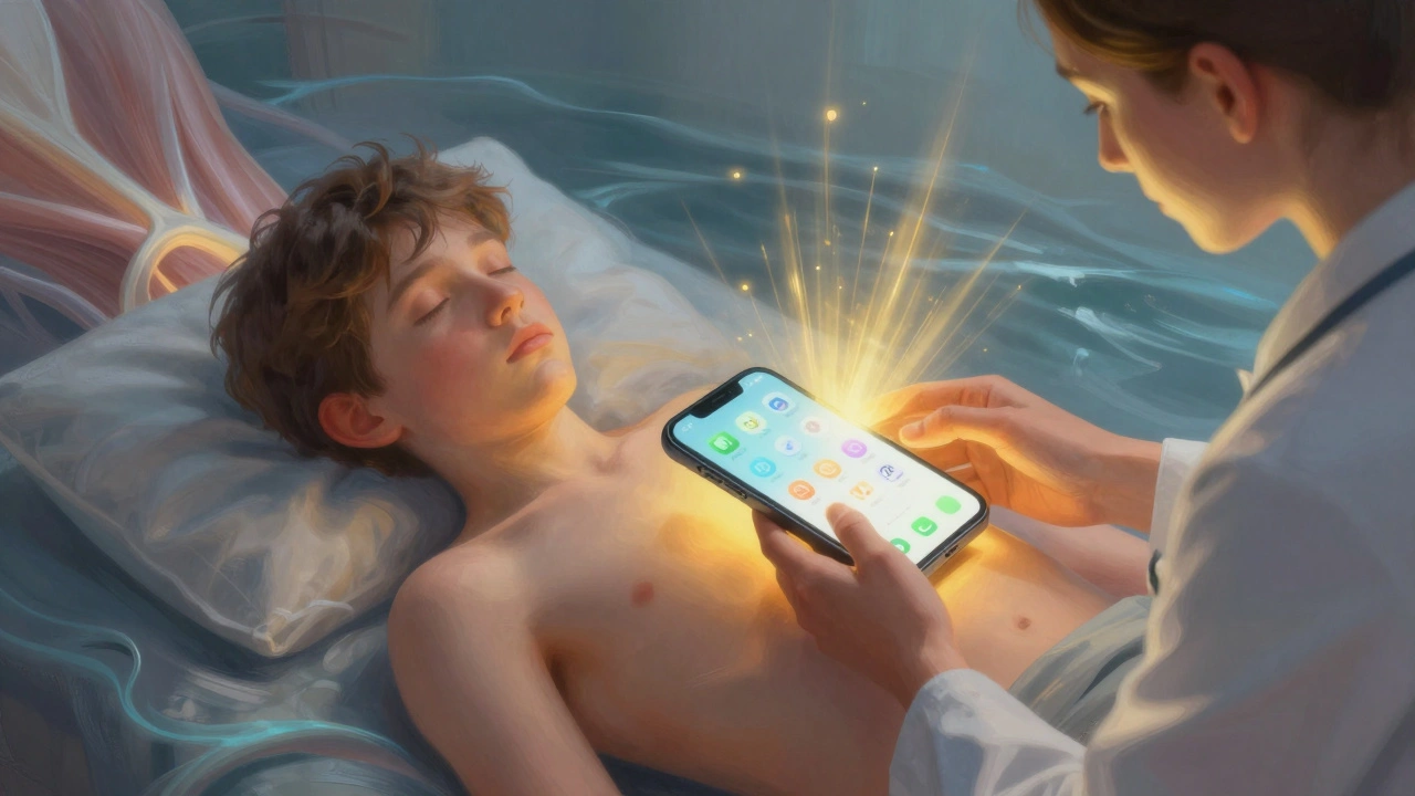 A symbolic image of a teen&#039;s body as a low-battery phone being recharged by calming light.