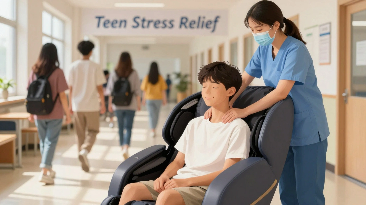 A teenager receiving a chair massage at school, calm and at ease, with soft sunlight in the background.