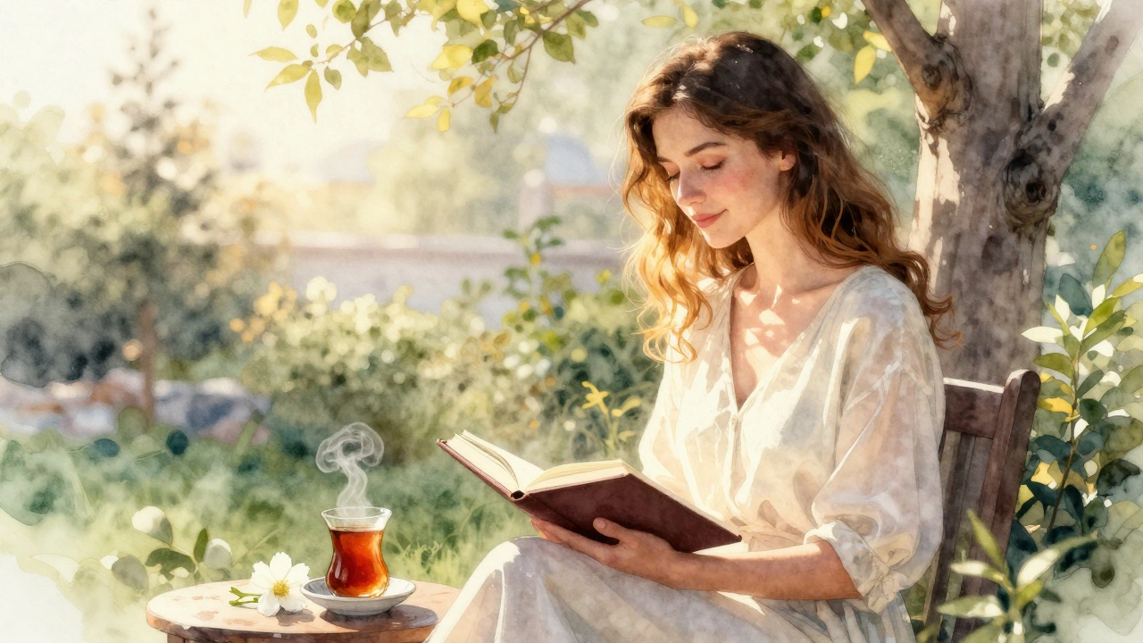 A woman sitting peacefully in a garden at dawn, journaling with a cup of tea, bathed in soft morning light after a healing session.