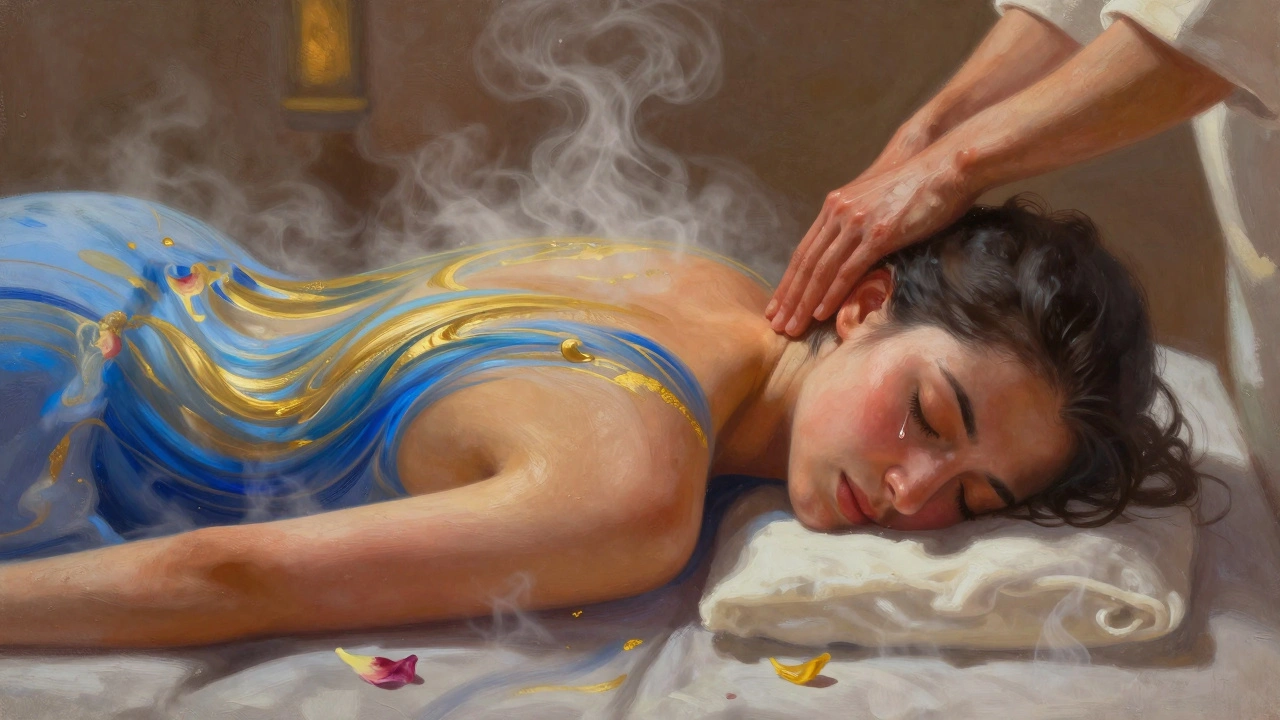 Abstract representation of emotional release during a therapeutic massage, golden and blue energy waves floating like a sigh, steam and petals evoke peace and renewal.