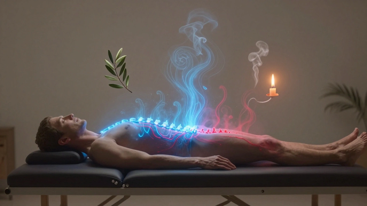 Abstract representation of nervous system calm, with glowing waves of relaxation spreading through a human form amid Istanbul-inspired symbols.