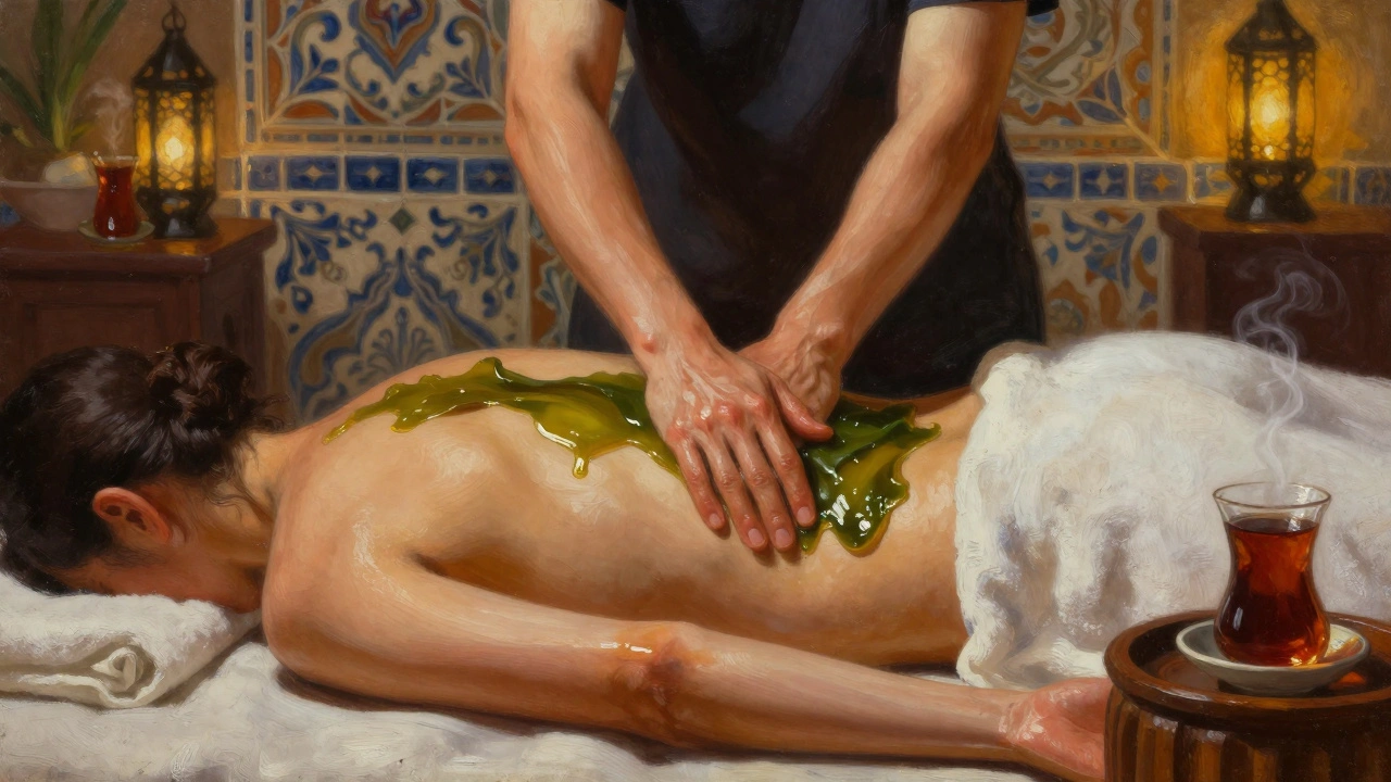 An artistic depiction of flowing body movements during a nuru massage, with glowing seaweed gel and tranquil spa details.