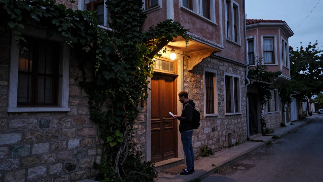 An unmarked door in a quiet Istanbul neighborhood at dusk, hinting at a discreet private service.