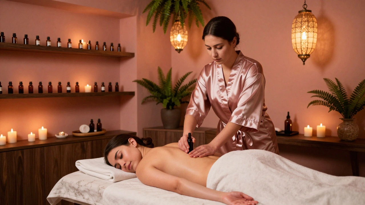 An upscale spa with candles and oils where a therapist performs a sensual full-body massage in elegant surroundings.