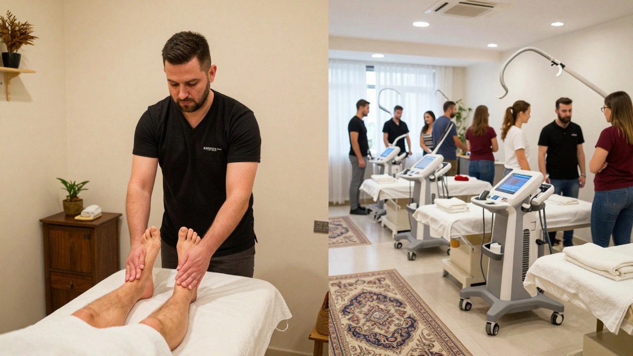 Contrast between a serene traditional massage and a commercial spa, symbolizing authentic healing versus tourist tourism.