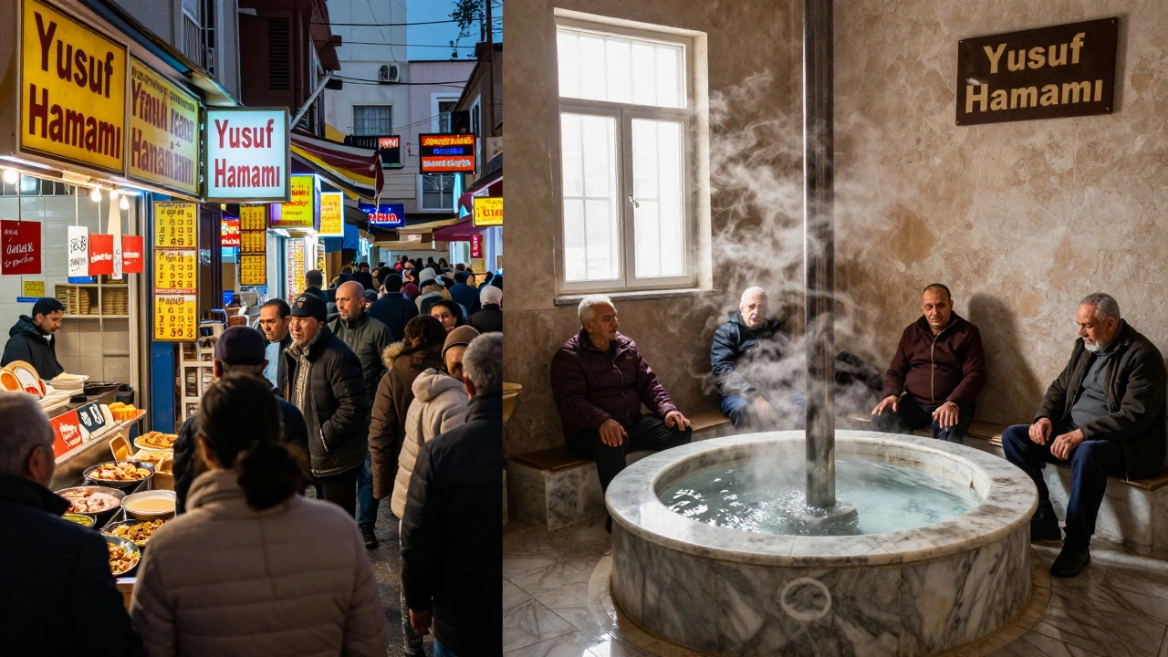 Contrast between flashy tourist spa and authentic neighborhood hammam in Istanbul.
