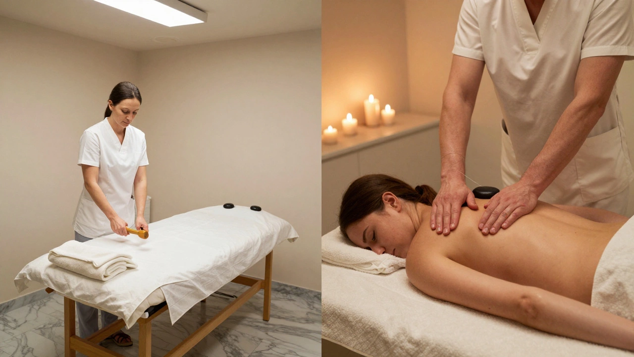 Contrasting budget and luxury massage settings in Istanbul, both relieving tension in the shoulders.