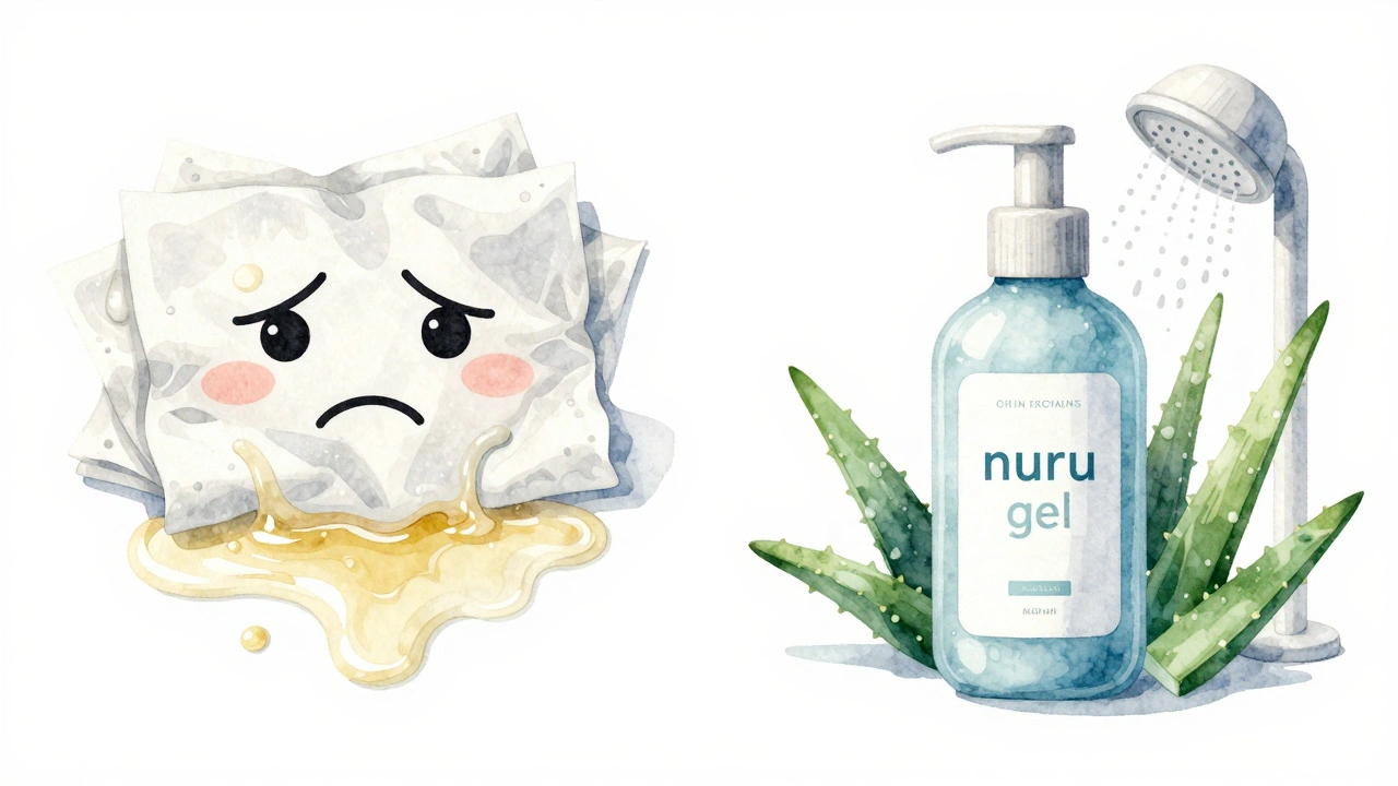 Contrasting messy coconut oil stains on sheets versus clean seaweed-based nuru gel with aloe leaves.