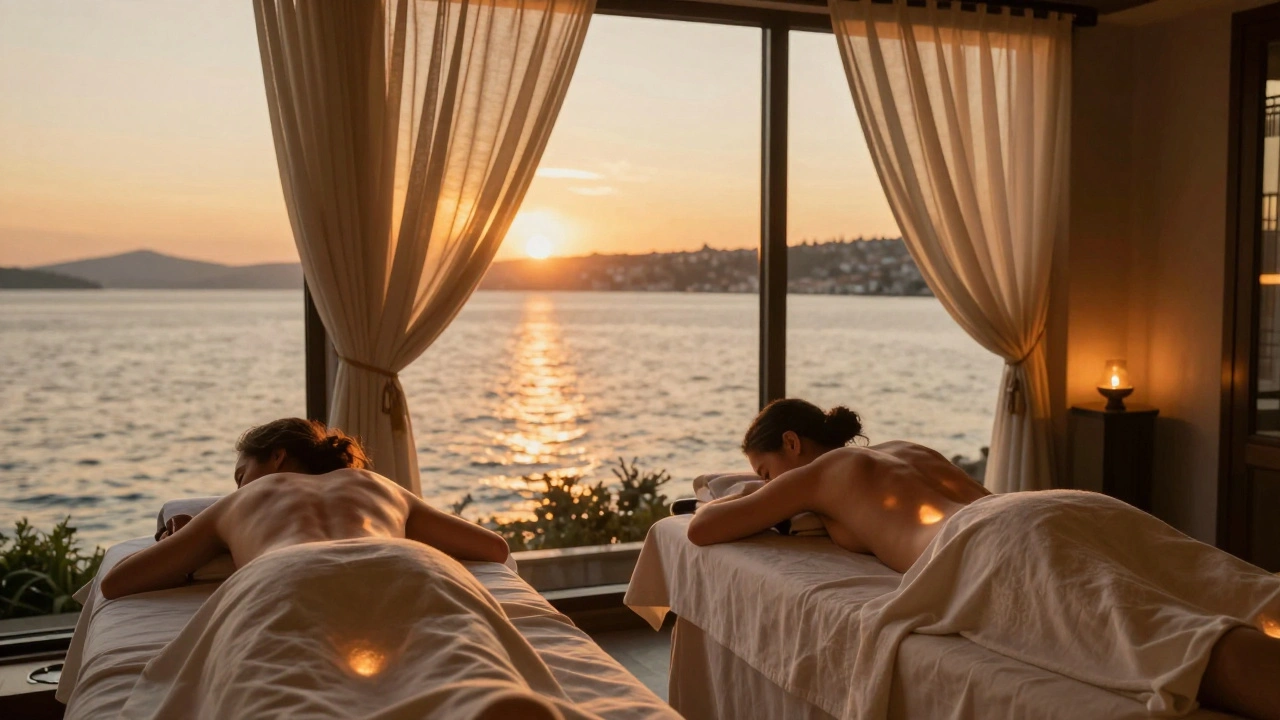Couples lie side by side on massage tables, overlooking the Bosphorus at sunset, bathed in warm, calming light.