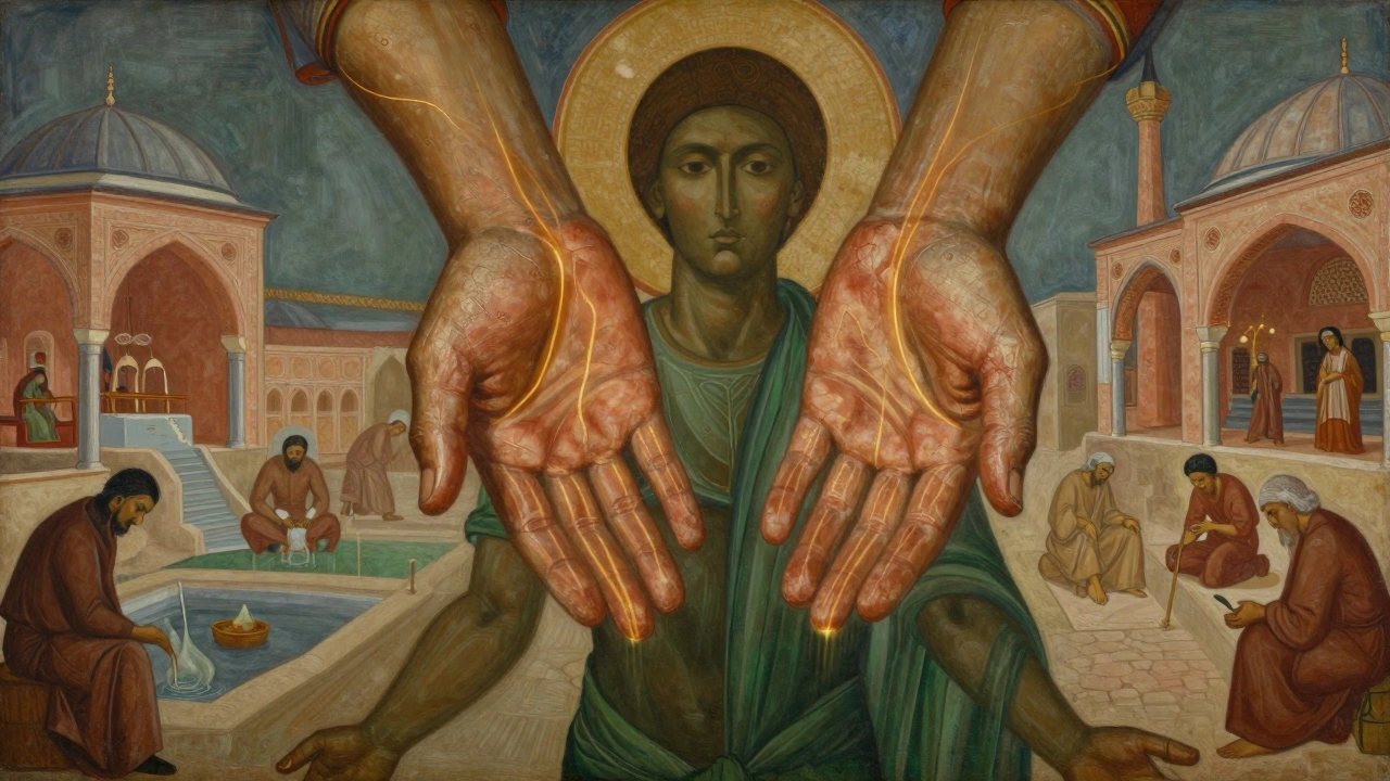 Energetic golden lines flow from ancient hands over a body, surrounded by faint cultural symbols of Istanbul&#039;s healing heritage.