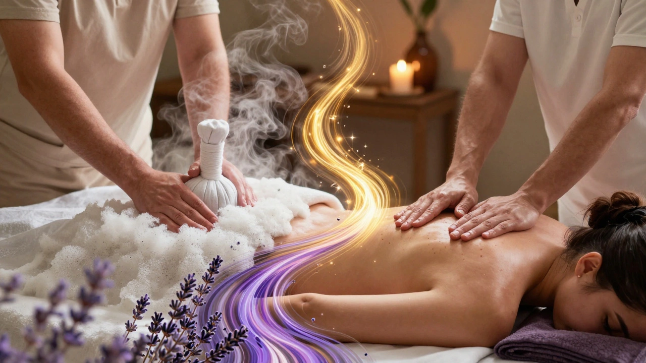 Fusion of Turkish hammam and Shiatsu massage traditions connected by flowing oil.