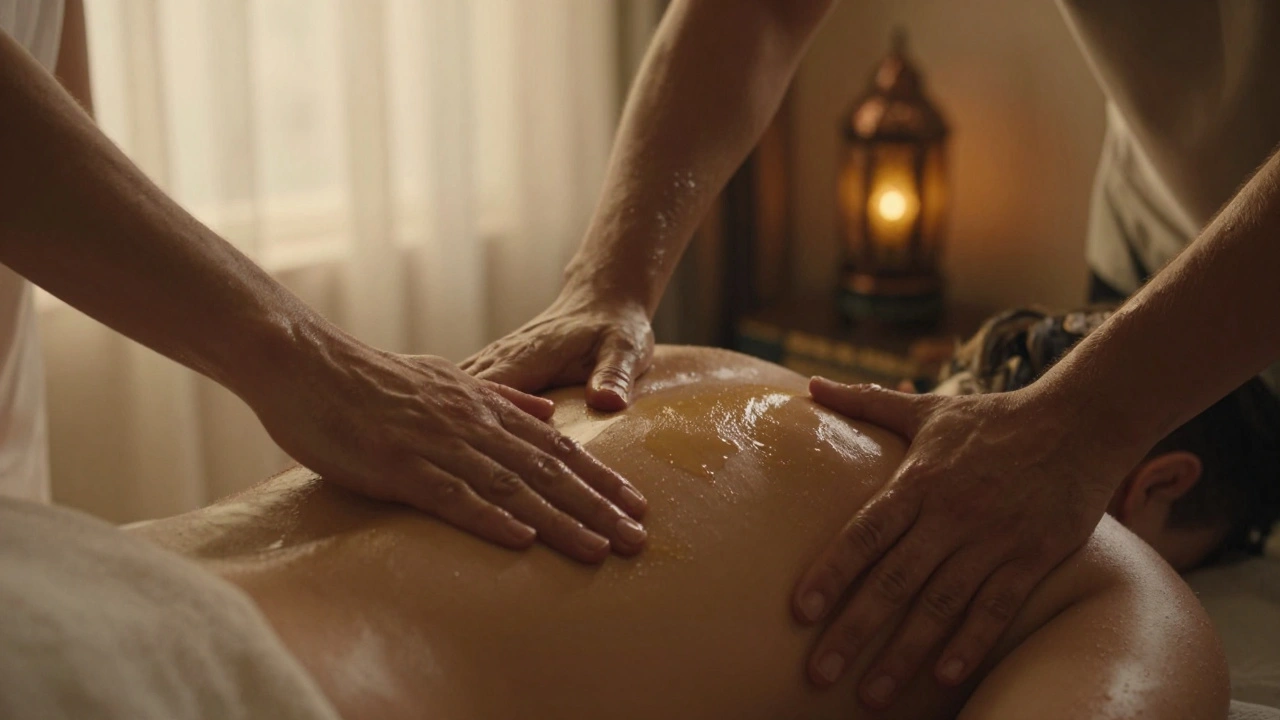 Hands gently massaging a back and inner thigh with warm oil in soft, intimate lighting.