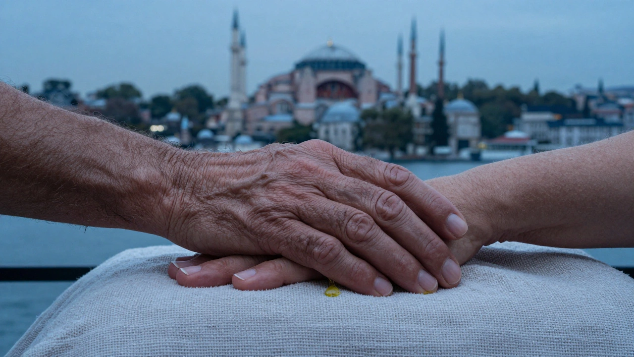 Hands in gentle contact over a towel, olive oil droplet glistening, Istanbul skyline softly visible behind.