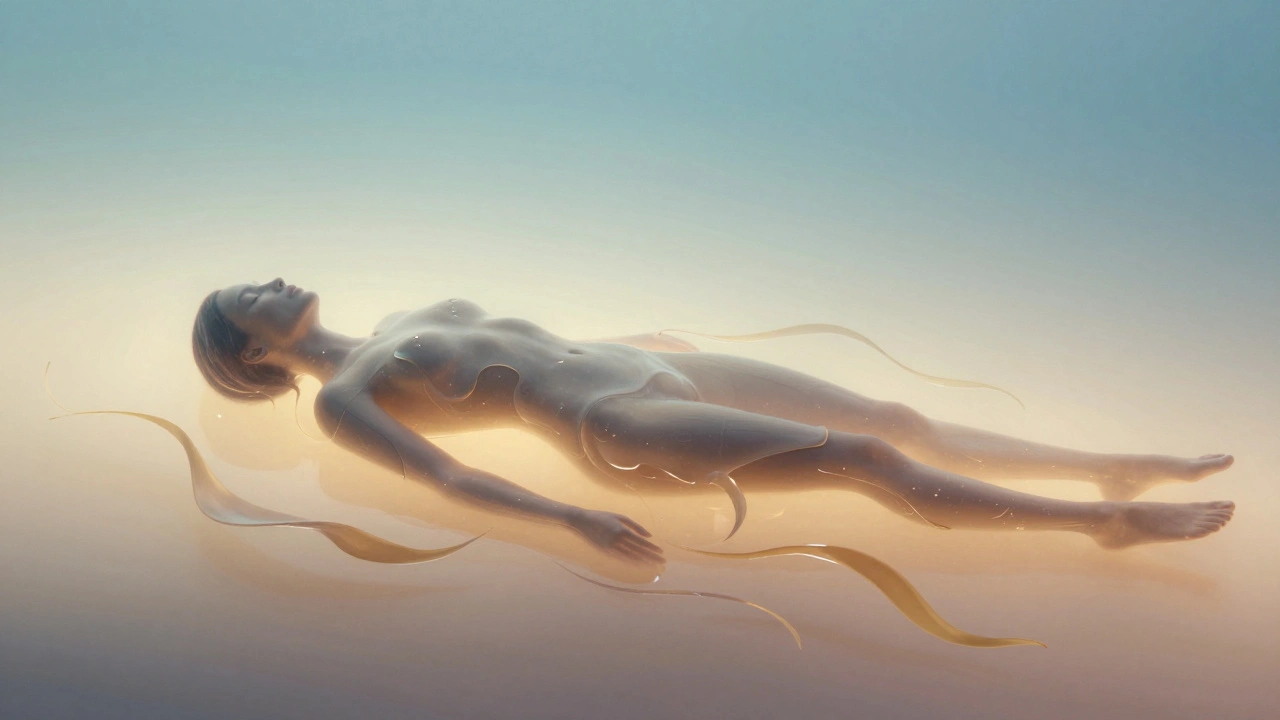 Human silhouette surrounded by glowing, flowing water-based gel with swirling seaweed strands, symbolizing smooth, safe massage.