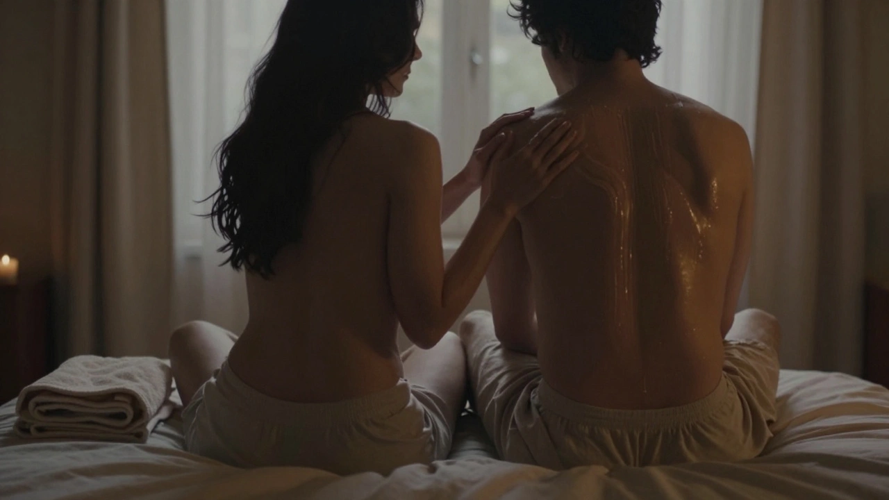 Silhouettes connected by slow, tender back strokes on a cozy bed.