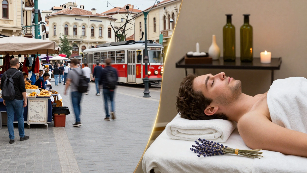 Split image: busy Taksim Square on one side, peaceful massage on the other.