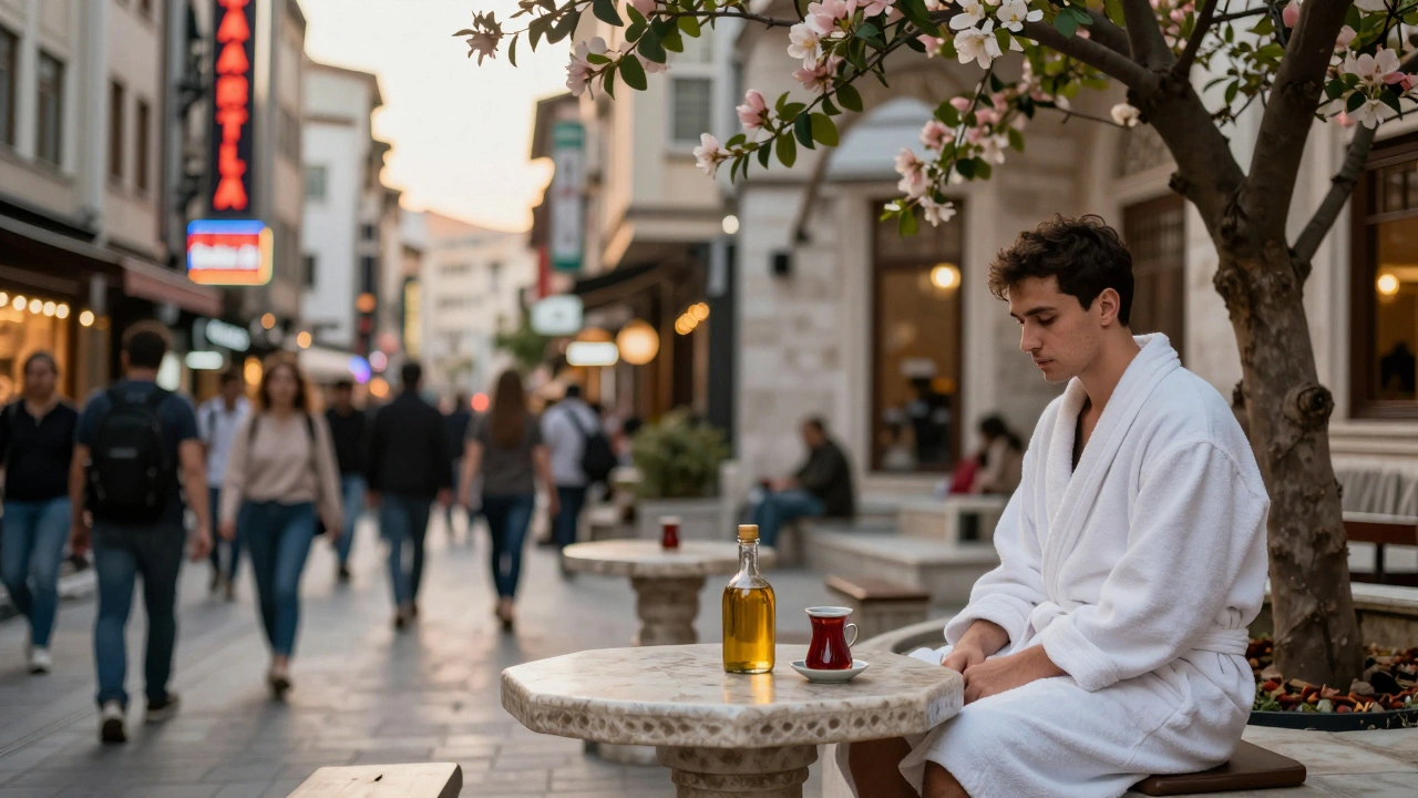 Split image showing busy Istanbul street on one side and a tranquil hammam courtyard with a person in a robe on the other.