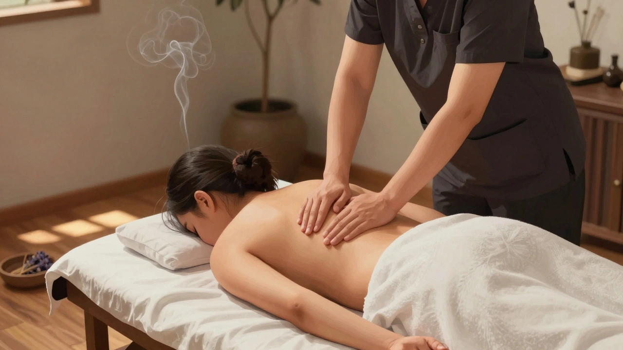 Thai Fusion massage in a quiet Istanbul studio, therapist applying acupressure to the lower back as incense rises, warm light and wooden floors enhance the serene mood.