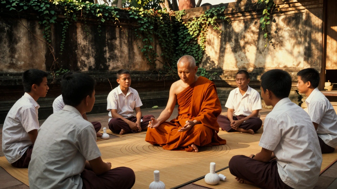Thai monk teaching massage techniques to students in a monastery courtyard, surrounded by herbal compresses and stone walls.